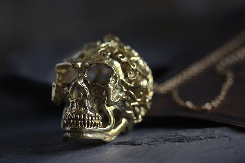 Leafs and Flowers Graphic Human Skull Charm Necklace. - Necklaces - Other Metals 