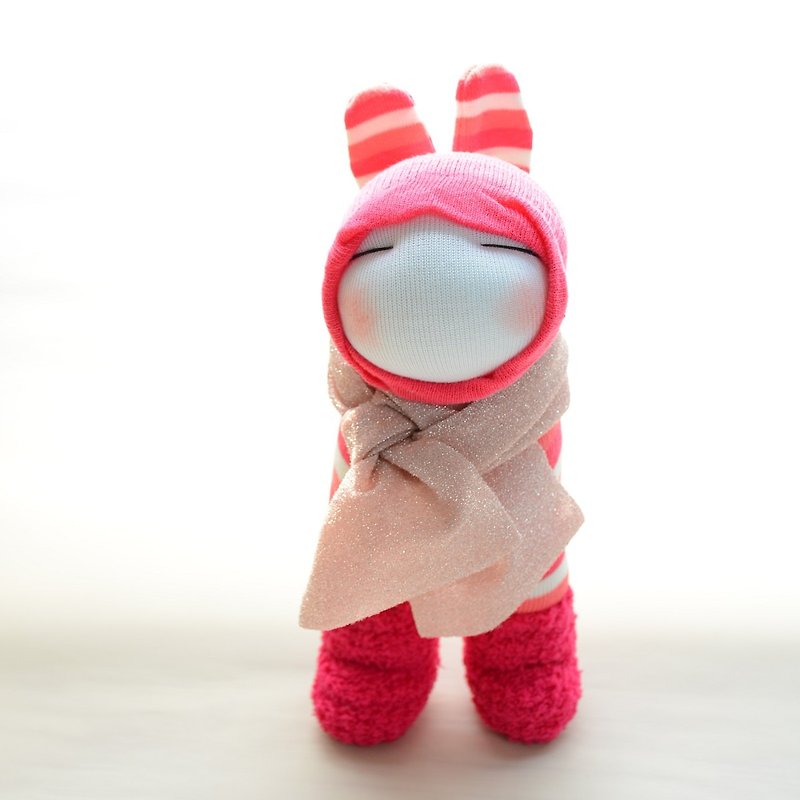 Fully hand-sewn natural style sock doll~girl in Peach rabbit outfit-travel doll - ตุ๊กตา - ผ้าฝ้าย/ผ้าลินิน สีแดง