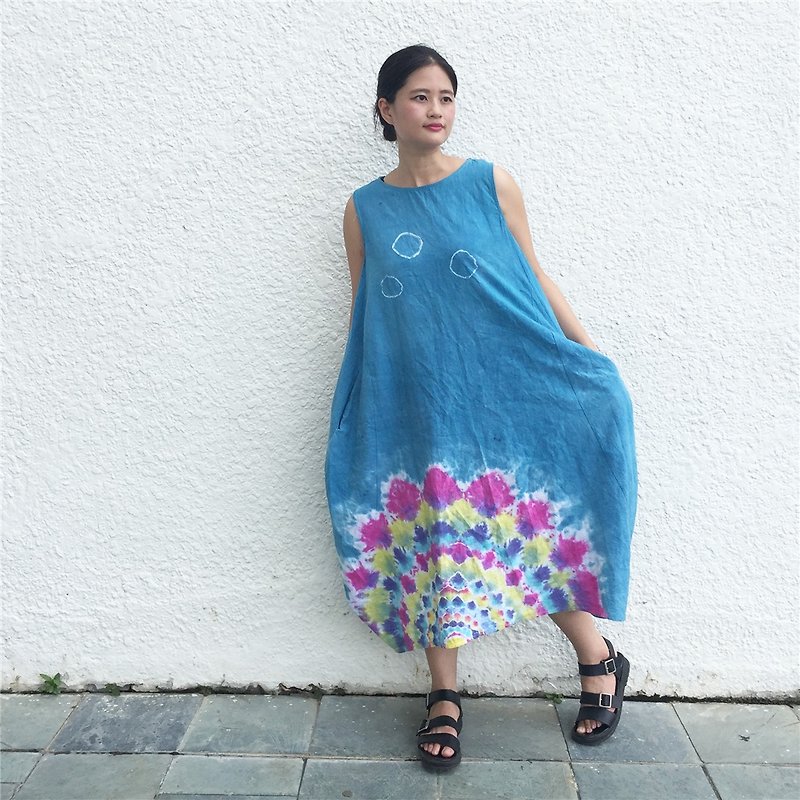 Tie dye dress/Dress/Boho dress/festival dress/tank dress [Mandala] - ชุดเดรส - ผ้าฝ้าย/ผ้าลินิน สีน้ำเงิน