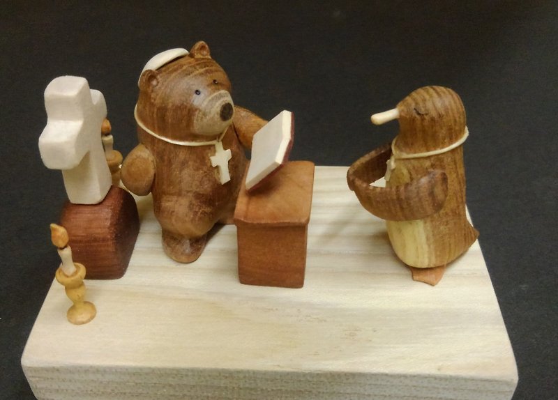 神父熊とペンギン - 木工/竹細工/ペーパークラフト - 木製 ブラウン