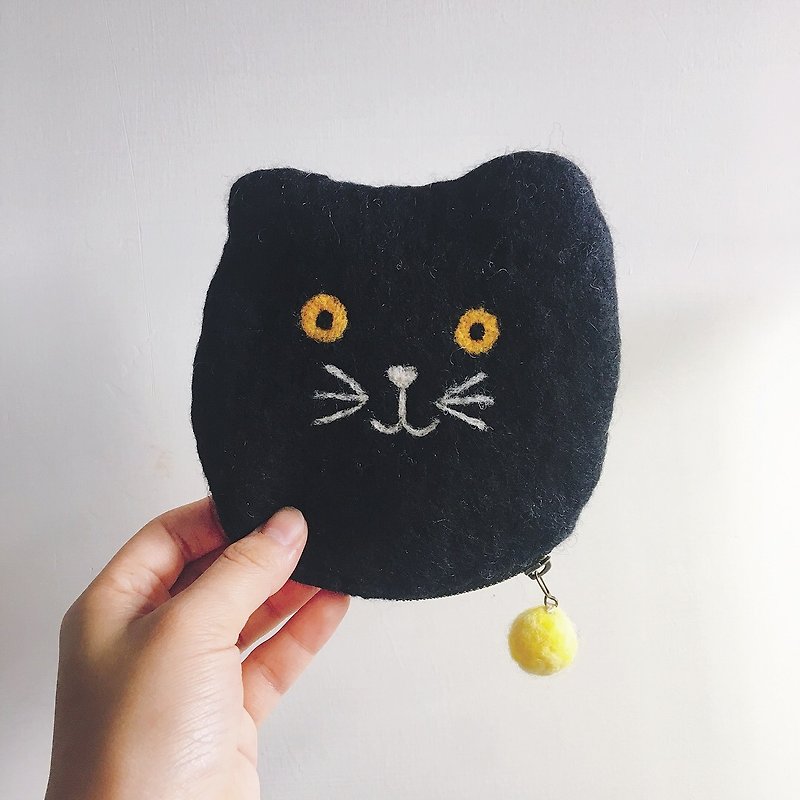 Wool felt handmade cat coin purse universal bag - Coin Purses - Wool Gray