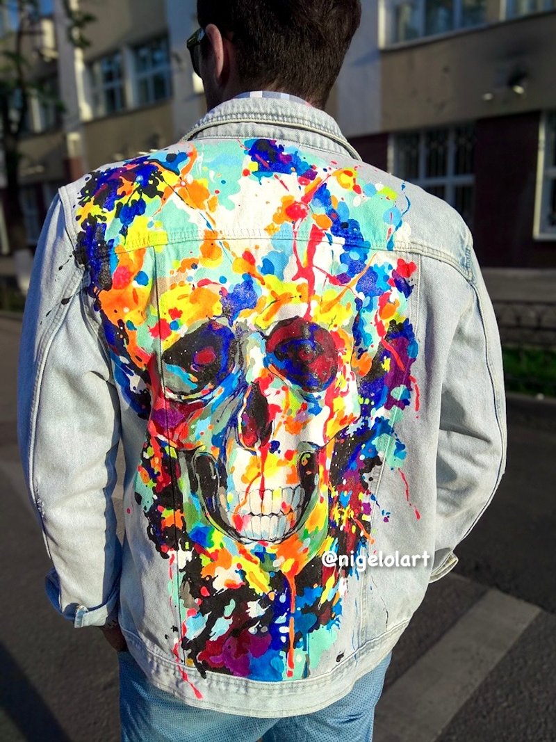 Painted denim jacket skull death's head Jeans jacket Personalized jacket - 男夾克/外套 - 棉．麻 多色