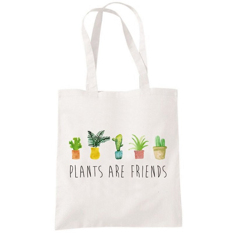 PLANTS ARE FRIENDS #2 帆布男女肩背手提環保購物袋-米白色 植物是我們的朋友 多肉盆栽清新療癒創意植栽文青藝術 - 側背包/斜孭袋 - 其他材質 白色