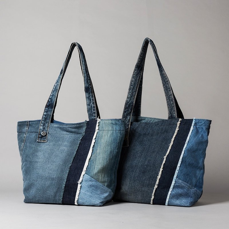 工匠 丹寧 拼接包 側背包 媽媽包 購物袋 旅行單肩包 大容量 手工 - 手袋/手提袋 - 棉．麻 藍色
