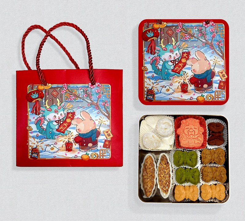 【新年禮盒】綜合曲奇餅乾(附提袋) 財神福迭大吉利之大方鐵盒 - 手工餅乾 - 其他金屬 紅色