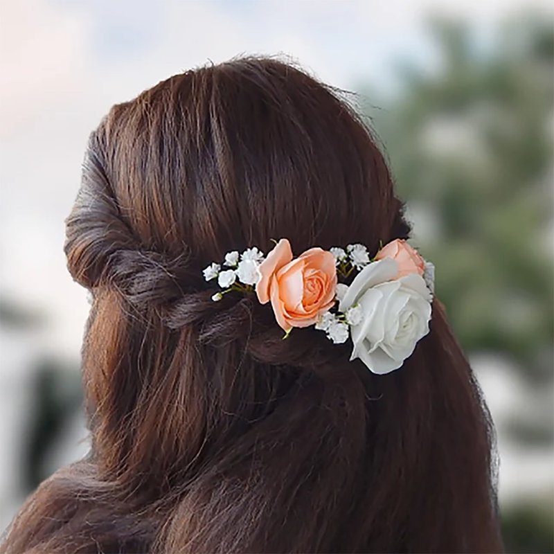 8 pcs White rose hair pins Peach flower hair clip Baby breath Gypsophila Bridal - 髮圈/髮夾 - 其他材質 多色