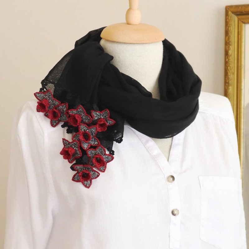 OYA crochet Flower shawl- Daffodil- Black - Scarves - Cotton & Hemp Black