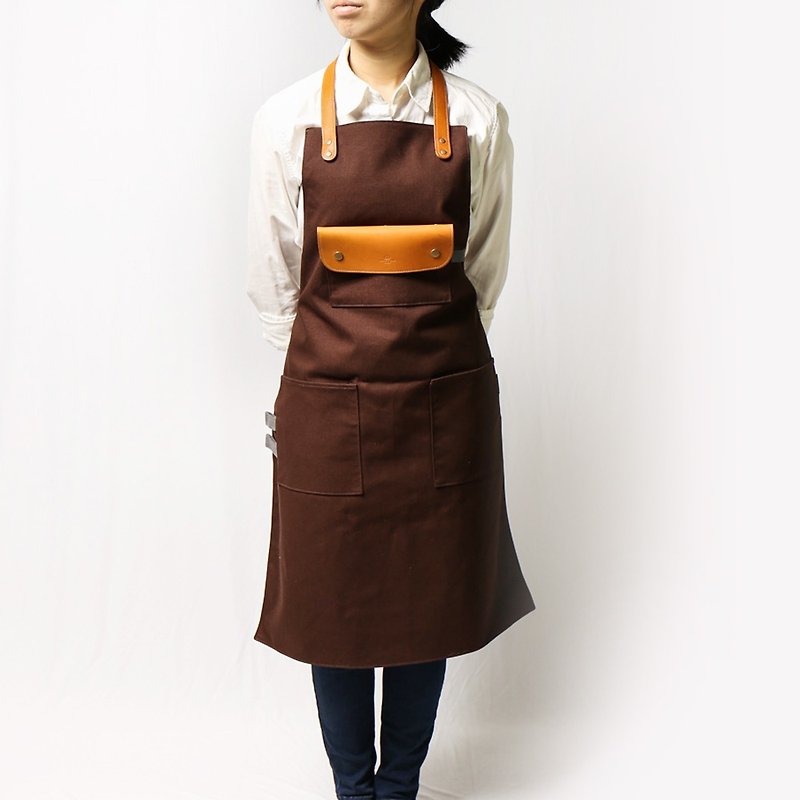 Brown leather full-body work apron (collar type) professional aprons overalls store warranty many staff designated brand (dark coffee) - ผ้ากันเปื้อน - ผ้าฝ้าย/ผ้าลินิน 