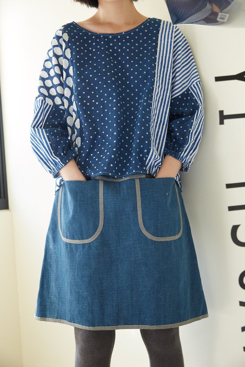 Denim skirt with gray webbing trim - กระโปรง - ผ้าฝ้าย/ผ้าลินิน สีน้ำเงิน
