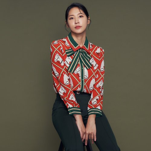 MEDUSA LADY 【MEDUSA】復古紅綠印花雪紡襯衫 (M-2L) | 女長袖上衣 雪紡上衣