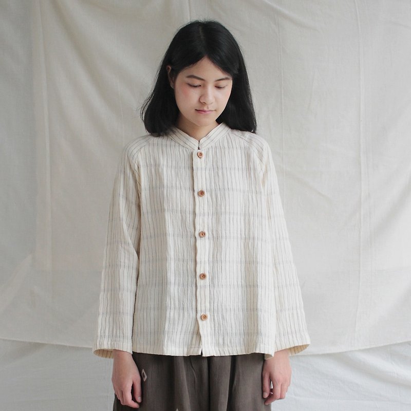 Brown stripe shirt with wooden button / slope shoulder / 100% soft cotton - Women's Shirts - Cotton & Hemp White