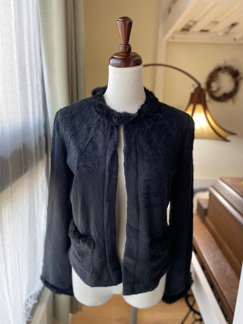 黑毛料披肩式古著罩衫 - 女大衣/外套 - 羊毛 黑色