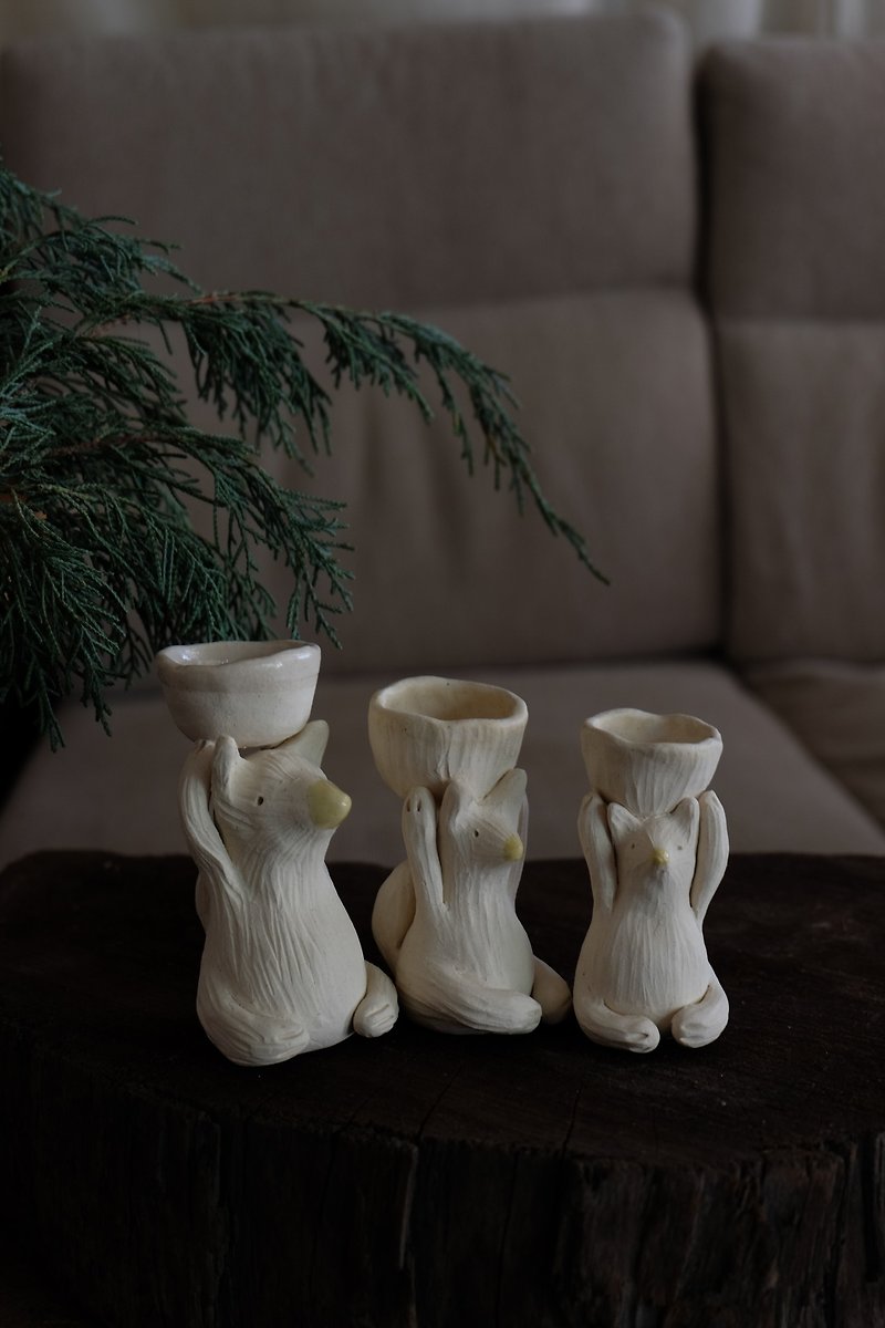 |Original| Snow Fox Family Candlestick - Candles & Candle Holders - Pottery White