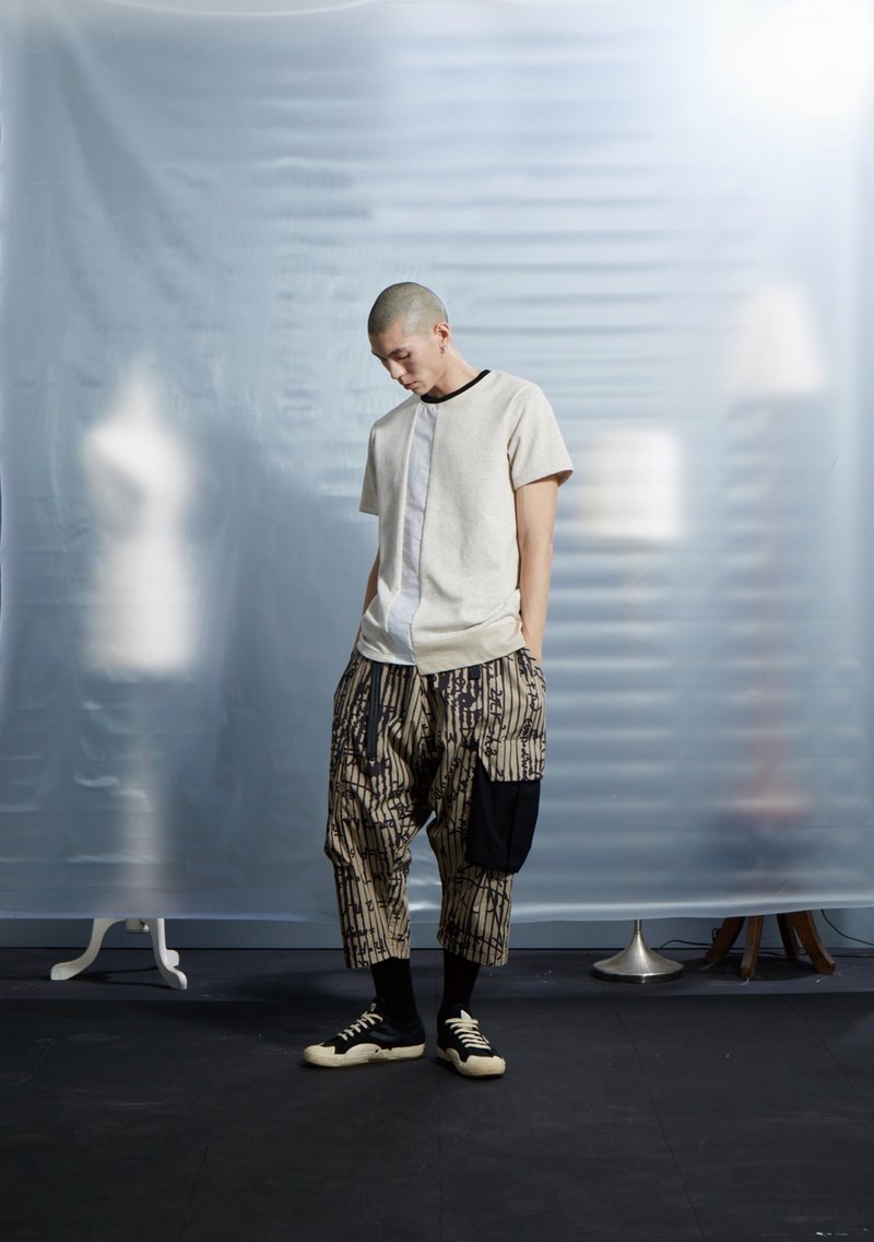Sole 異材質剪接Tee - 米白 - 男 T 恤 - 棉．麻 卡其色
