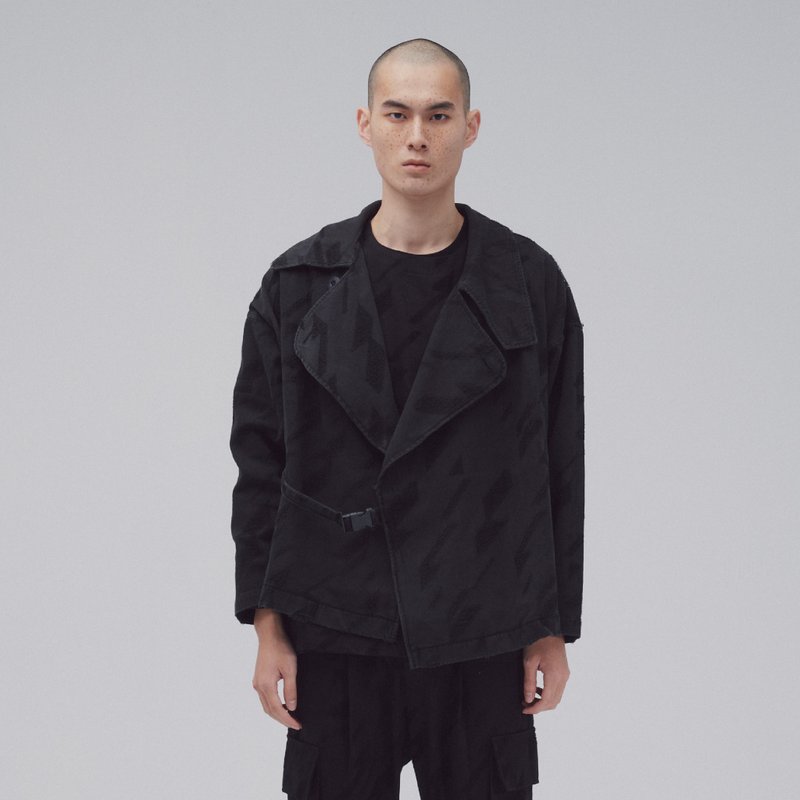 DYCTEAM - Symbiosis - Black Jacquard short trench coat - 男夾克/外套 - 棉．麻 黑色