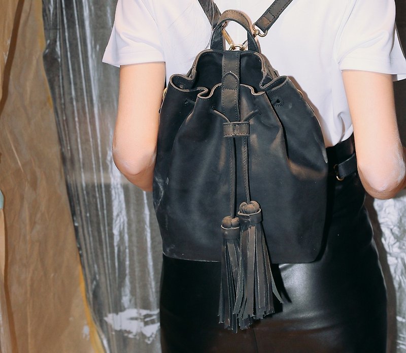 Cortex tassel side back two bucket bag black - Backpacks - Genuine Leather Black