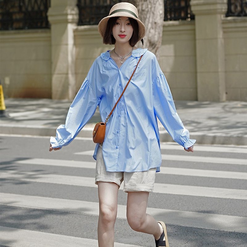 French style fresh fungus puff sleeve shirt-blue | shirt | summer | satin | Sora-485 - Women's Shorts - Other Materials Blue