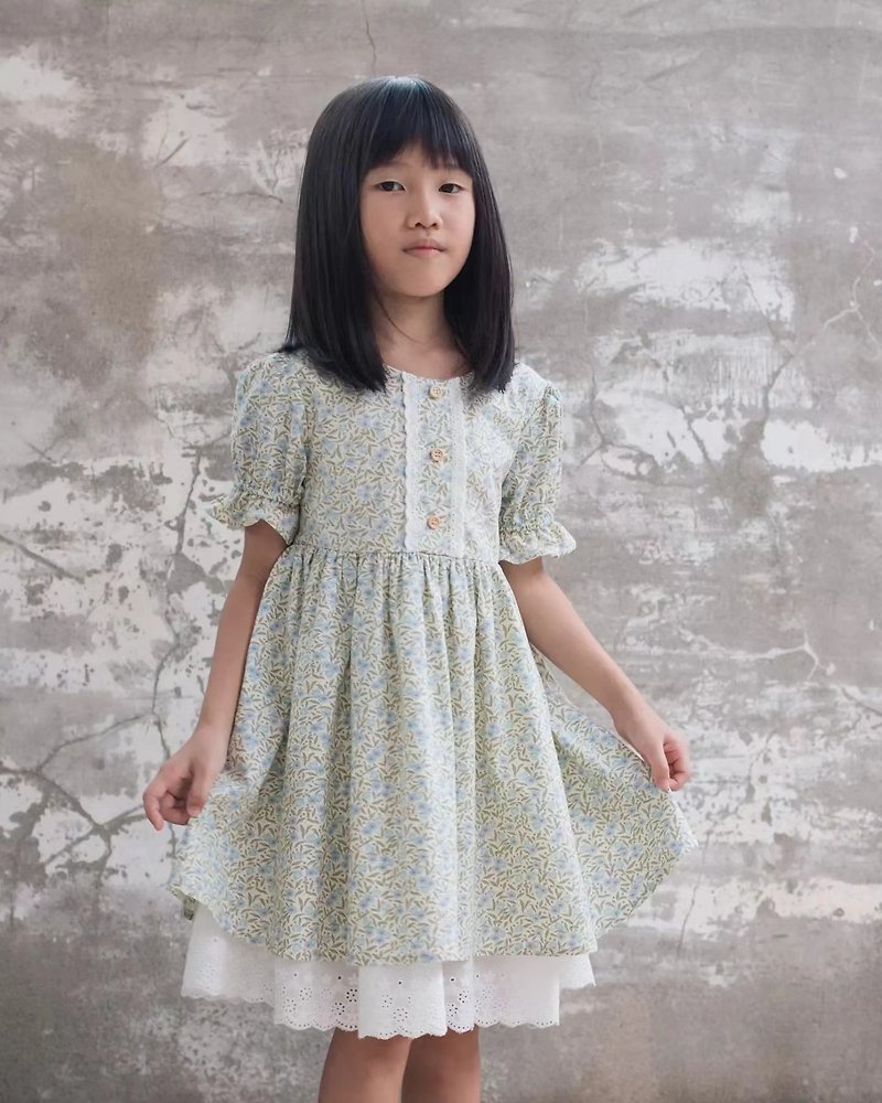 女の子のヨーロッパの花柄カントリースタイルのドレス - スカート - コットン・麻 グリーン