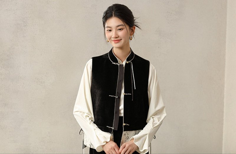 New Chinese style Chinese style splicing jacquard chenille vest - Women's Vests - Other Materials Black