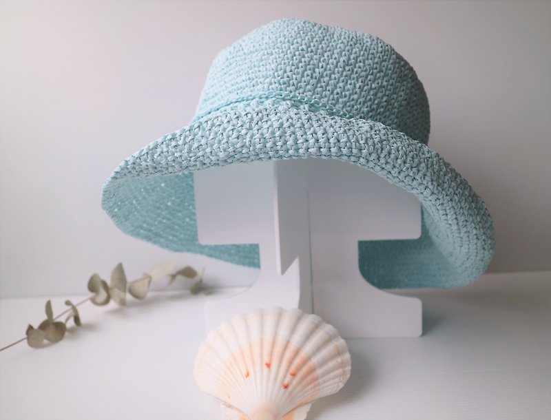 crochet raffia hat buckle hat handmade light blue