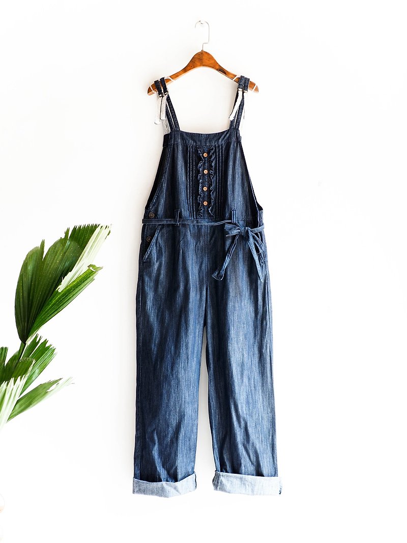 River Hill - Indigo youth summer ocean garden dream / dark blue denim jumpsuit suspenders trousers thin overalls oversize vintage pounds neutral Japan - จัมพ์สูท - ผ้าฝ้าย/ผ้าลินิน สีน้ำเงิน