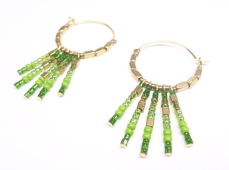 "Two silver" [Indian - green beaded brass ring earrings] (one pair) - Earrings & Clip-ons - Other Metals 