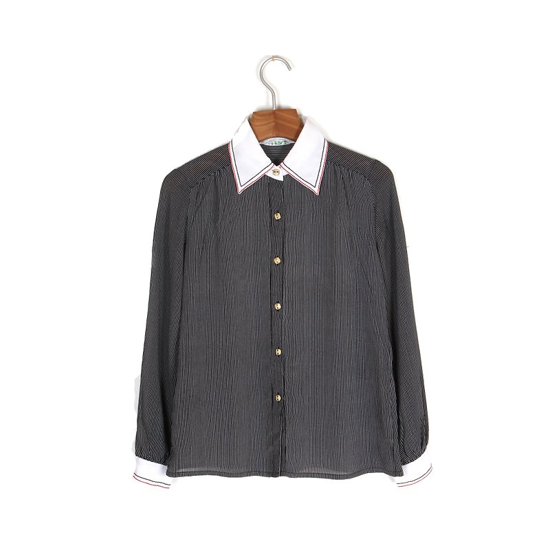 Egg plant vintage] striped white-collar printing vintage shirt - Women's Shirts - Polyester Black