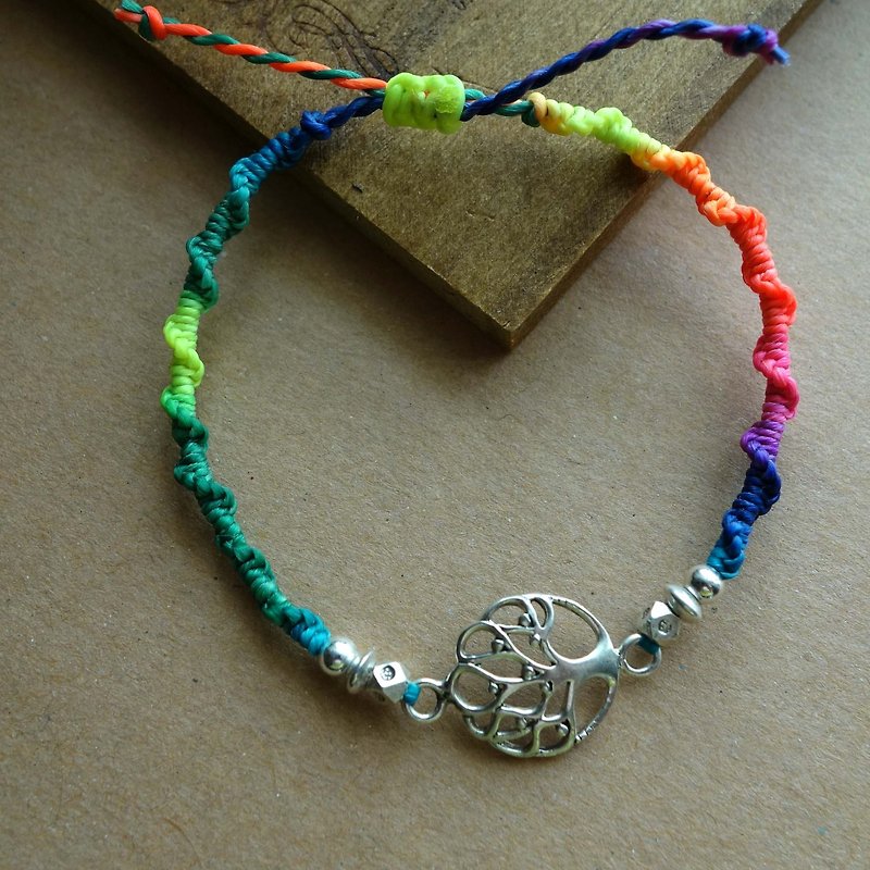 ~ M ~ + Bear Tree of Life Rainbow / wax line silk / silver / weave bracelet / 925 silver bracelet / anklet - Bracelets - Other Metals Multicolor