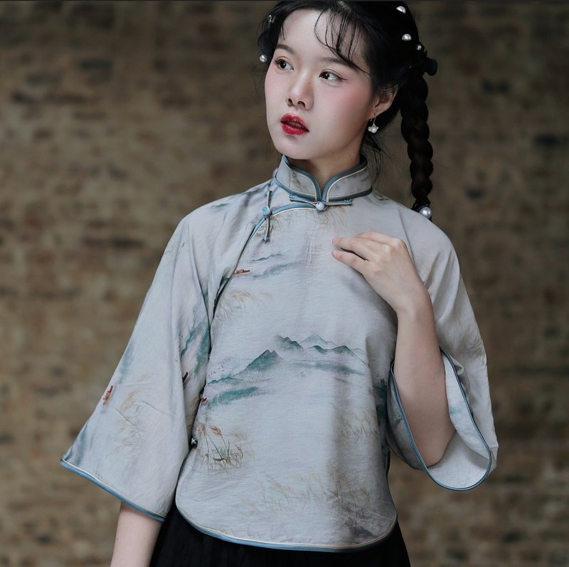 【煙雨江南】民國復古風 圓擺中式倒大袖旗袍上衣 - 女上衣/長袖上衣 - 其他材質 灰色