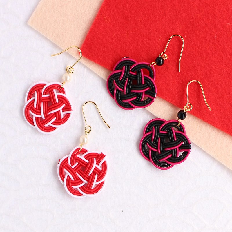 japanese style pierce earring / mizuhiki / japan / accessory / flower - Earrings & Clip-ons - Silk Red