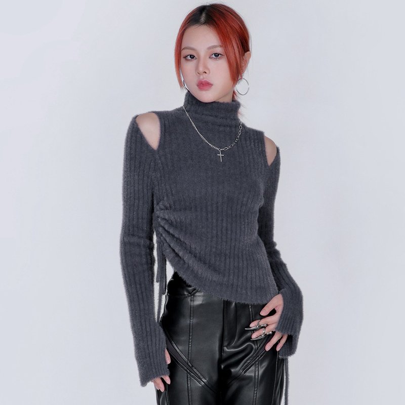 Punk Witch フェイクミンク オフショルダー タートルネック トップ -グレー/ブラック/ドローストリング ヘム / ストレッチ 快適 - ニット・セーター - その他の素材 グレー