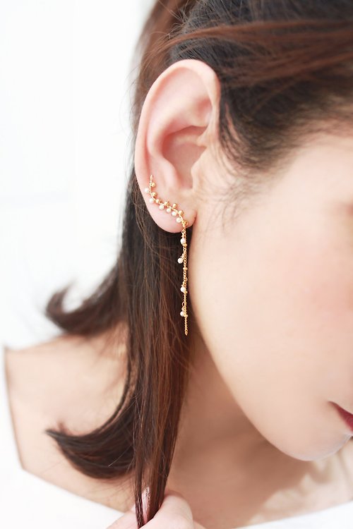 One N Only Jewelry 【母親節禮物】流動金沙- 水晶珍珠14KGF輕感減壓耳環 耳夾耳針共