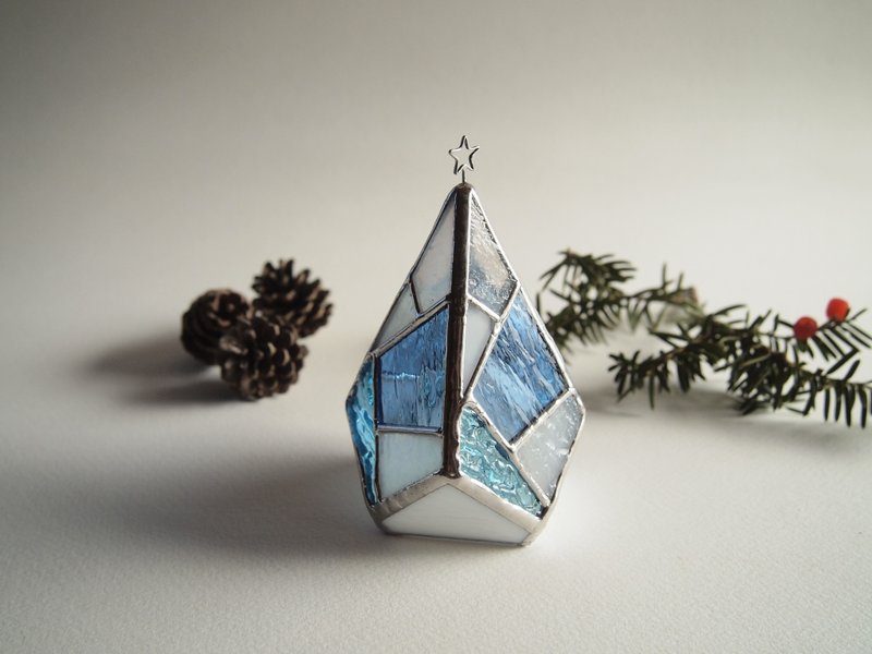 【受注制作品】　[ 聖夜に輝くTree [Shining blue] : ＜クリスマスギフト＞　クリスマスツリー・ステンドグラス・キャンドルホルダー - 燈具/燈飾 - 玻璃 藍色