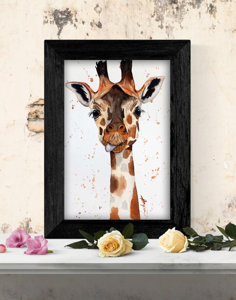 Giraffe watercolor original animal 8x11 inch painting by Anne Gorywine - 壁貼/牆壁裝飾 - 紙 銀色