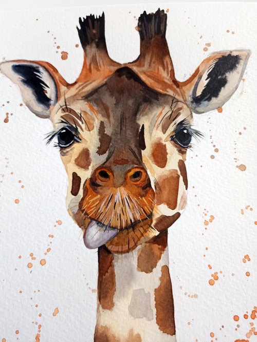 キリン 水彩画 オリジナル 動物 8x11インチ アン・ゴリワイン作