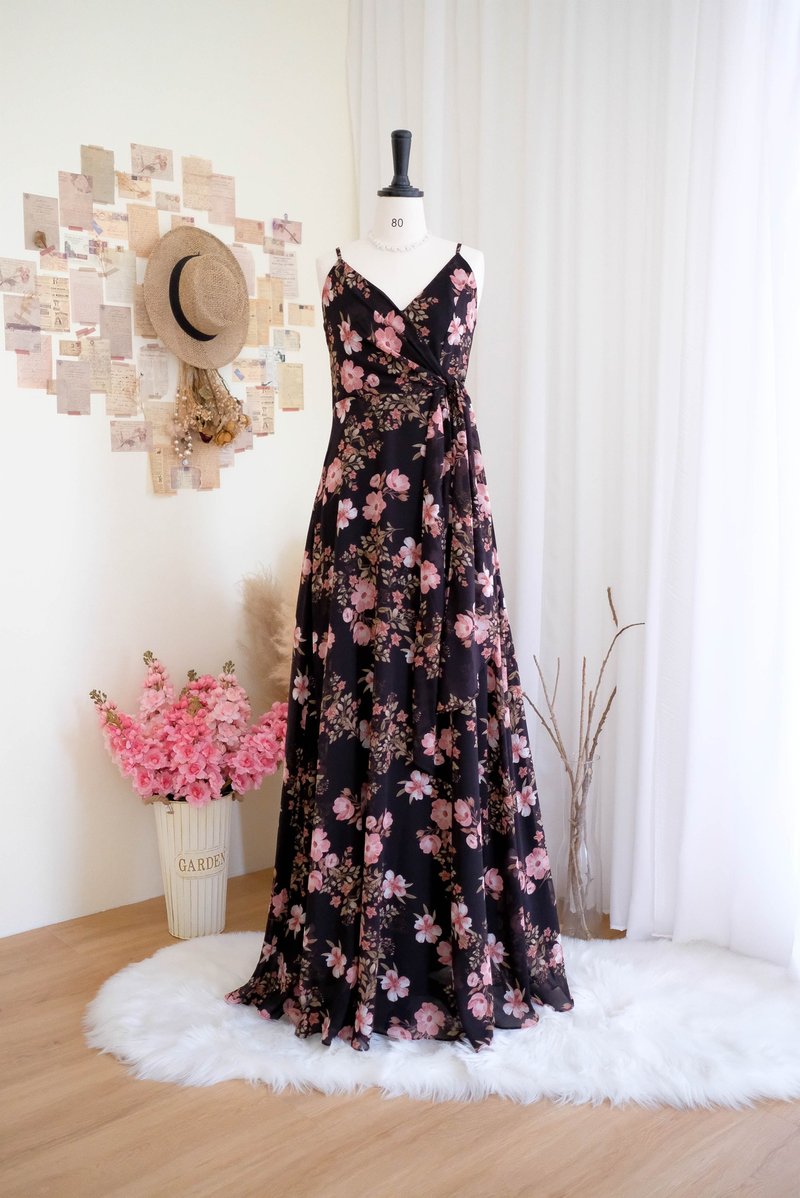 Black floral bridesmaid maxi dress Black Cocktail prom wedding party dresses - 洋裝/連身裙 - 聚酯纖維 黑色