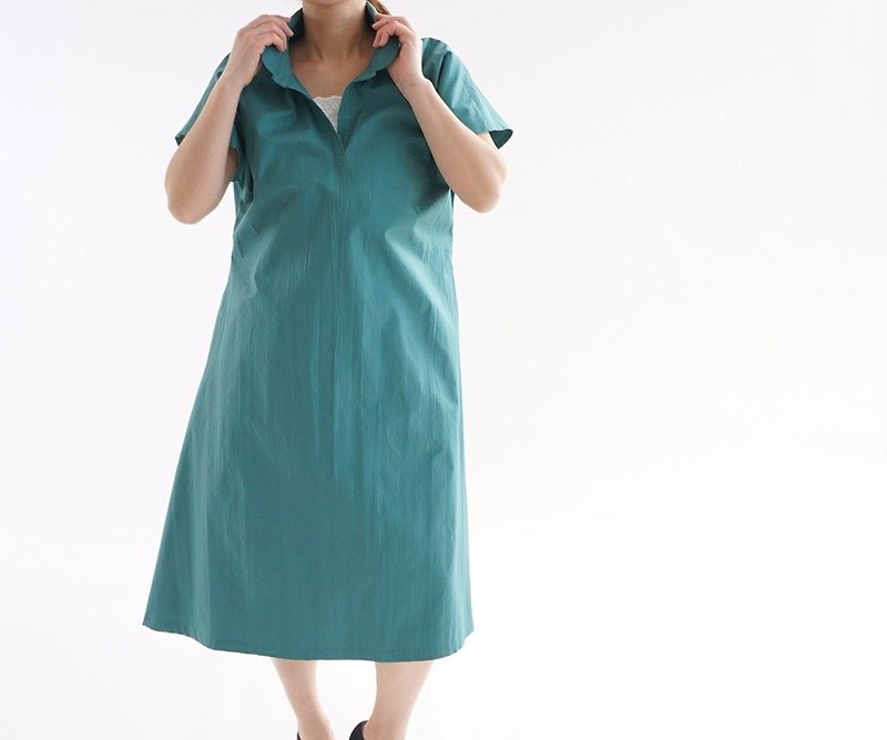 Wrinkle cotton shawl collar dress / forest green a20-16 - One Piece Dresses - Other Materials Green