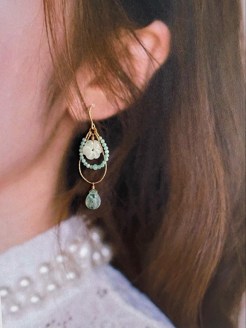 Jade / Blue Fluorite / Amazonite / Pear-shaped 14K gold-filled Handmade Earrings - Earrings & Clip-ons - Jade Blue