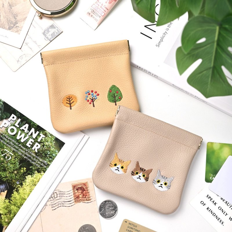 Spring Clasp Multi Pouch [ Shrink Leather Embroidery ] Genuine Leather Himeji Leather Accessory Pouch HW42K - กระเป๋าเครื่องสำอาง - หนังแท้ สีเหลือง