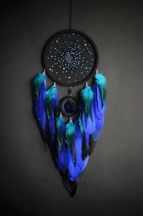 VIDADREAMS Handmade Blue & Turquoise Feather Dreamcatcher, Large Bohemian Dream Catcher