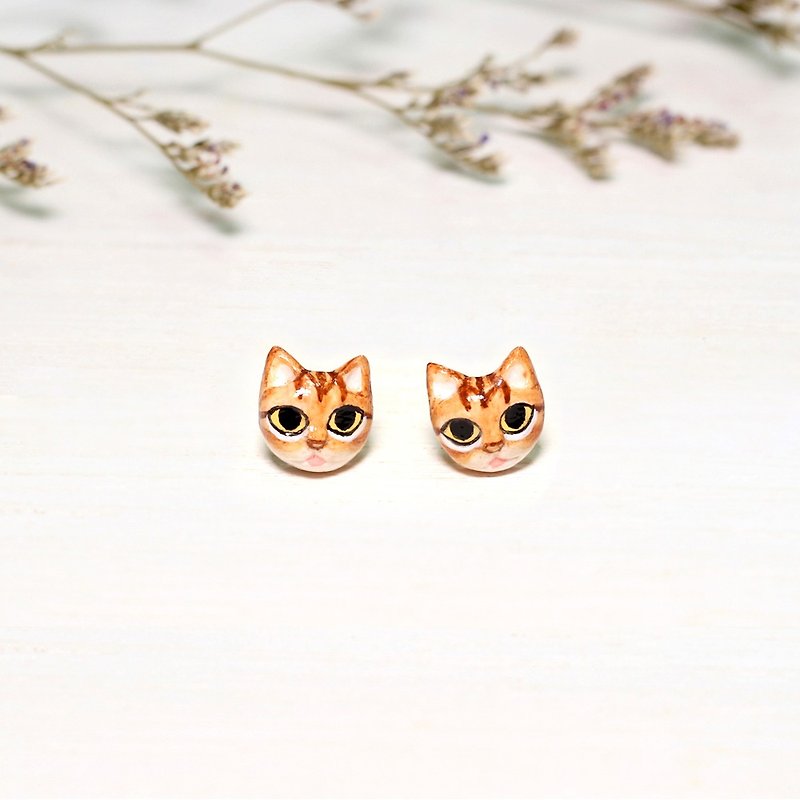 Orange Cat Earrings, Cat Stud Earrings, cat lover gifts - 耳環/耳夾 - 黏土 橘色