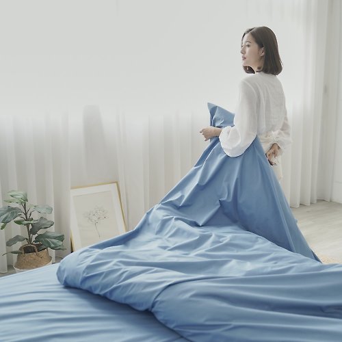 小日常寢居 清新素色100%防水防蹣床包/床包組/床包被套組/台灣製/深洋藍