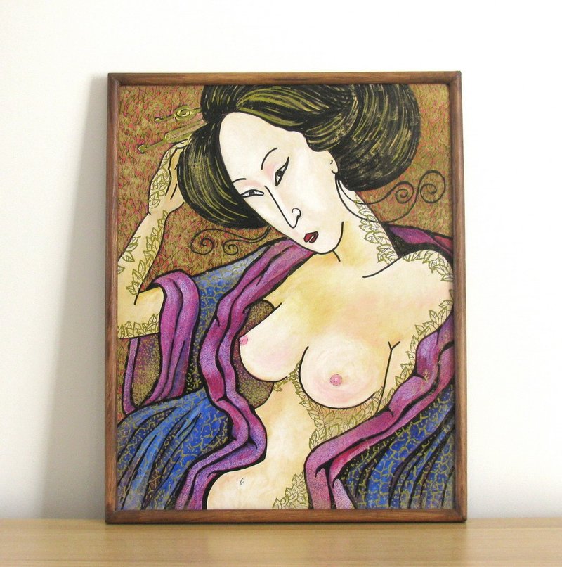 Nude girl original acrylic painting on cardboard panel home wall decoration - 壁貼/牆壁裝飾 - 其他材質 多色