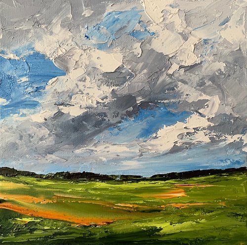 OsipovArtStudio Original Landscape Oil Painting On Canvas Green Field Art Cloudy Sky Impasto Art