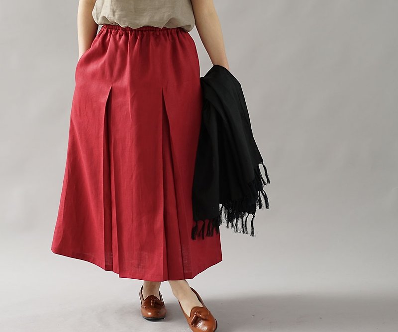 wafu  Linen skirt / tuck design / long length / elastic waist / ruby s018b-rre2 - กระโปรง - ผ้าฝ้าย/ผ้าลินิน สีแดง