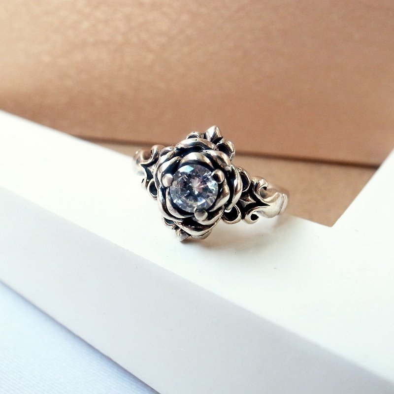 Crystal Rose Iris carved rose gold ring - 925 sterling silver - General Rings - Other Metals Silver