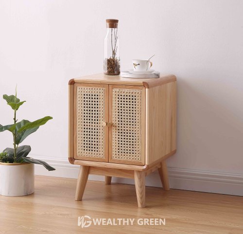 WealthyGreen 全實木家具廠 維斯格林 北歐現代實木設計藤編床頭櫃邊櫃