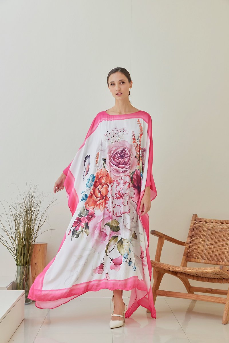 Handpaint Silk Pink Floral Watercolor Caftan Wedding Dress, Kaftan Beach Wear, D - One Piece Dresses - Silk Pink