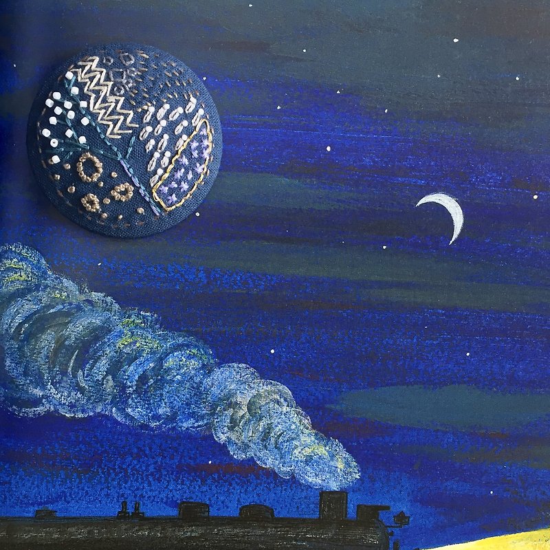 【1点限定】Brooch 　夜空 - ブローチ - 刺しゅう糸 ブルー