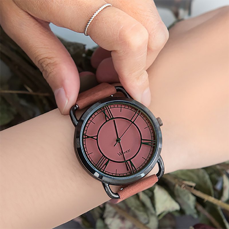 W.wear - 紅面鏤空羅馬字釘穿搭手錶 - 珊瑚紅磨紗錶帶 - 女錶 - 玻璃 紅色